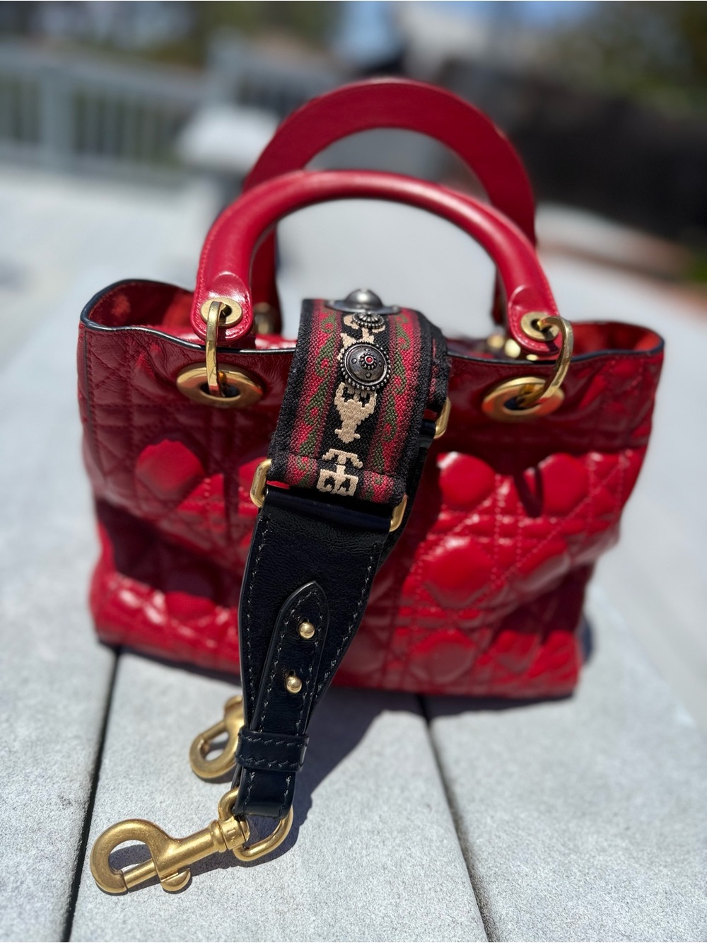 Dior Medium Lady Dior Red Patent Cannage + Bohemian Strap - Picture 11 of 13